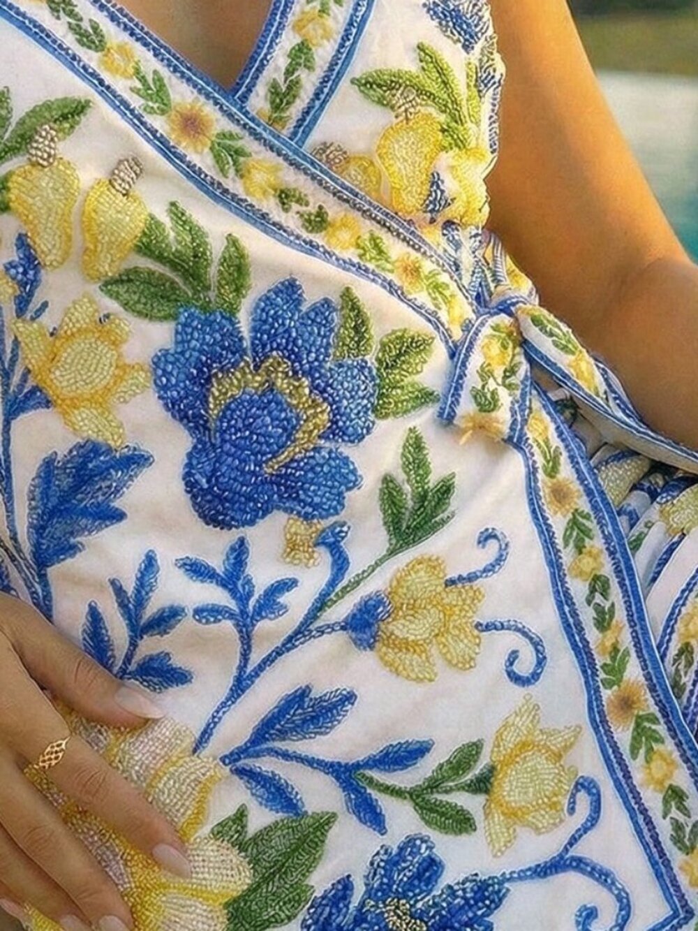 Blue Boho Women's Vacation Floral Print Wrap Tie Strap Dress - Picture 7 of 7